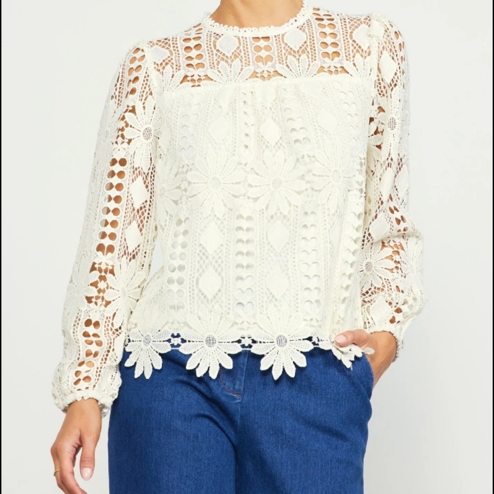 Skies Are Blue Eyelet Lace Long Sleeve Top Cottage Core Boho Size Medium NWOT